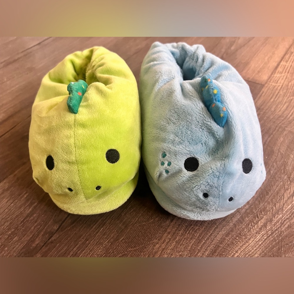 Pickle the dinosaur slippers. Size 10-12 kids.
